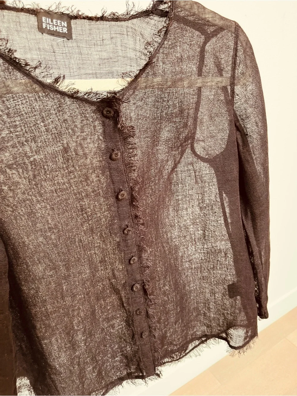 Eileen Fisher Sheer Linen Button -Front Black/Brown Blouse. - Picture 7 of 14